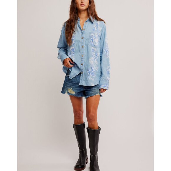 FREE PEOPLE Airbrushed Blossom Denim Shirt / Sky Blue Medium Indigo - Picture 5 of 6